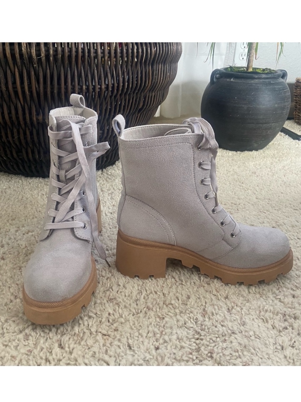 NWOB Qupid Grey Faux Suede Combat Boots